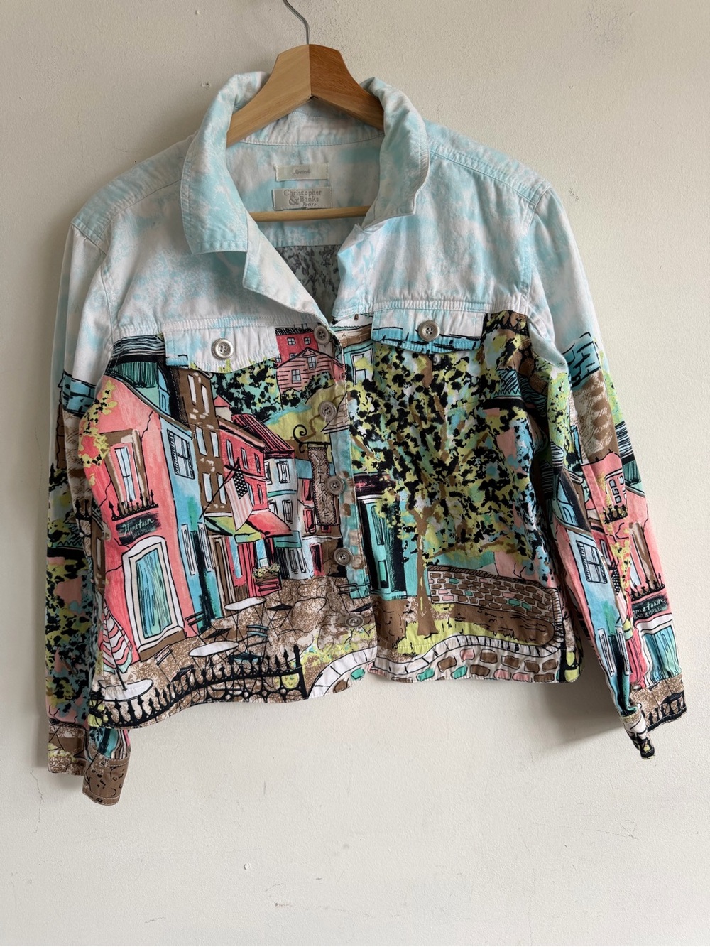 Christopher & Banks Village Print Cotton Jean Jacket - Pink Blue Green Brown